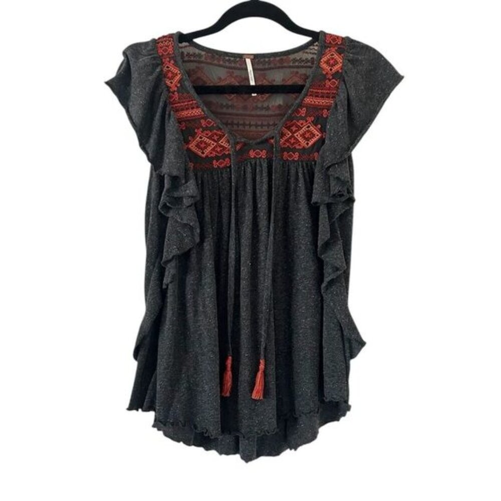Free People Flutter Sleeve Embroidered Top